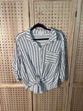 Vixbe 3/4 Sleeve Button Up Linen Striped Tie Waist Blouse